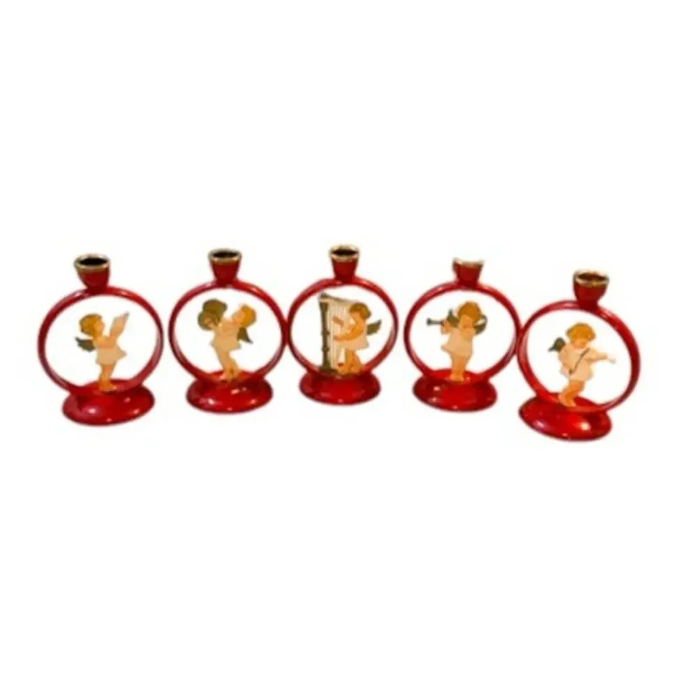 Vintage West German Celluloid Angel Candle Holders Set 5 Red Christmas Choir